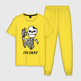 Мужская пижама хлопок с принтом Im okay   Skeleton   Я в порядке   Жест , 100% хлопок | брюки и футболка прямого кроя, без карманов, на брюках мягкая резинка на поясе и по низу штанин
 | gesture | motto | skeleton | slogan | девиз | жест | скелет | слоган