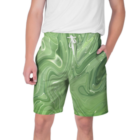 Мужские шорты 3D с принтом Зеленый жидкий камуфляж в Тюмени,  полиэстер 100% | прямой крой, два кармана без застежек по бокам. Мягкая трикотажная резинка на поясе, внутри которой широкие завязки. Длина чуть выше колен | Тематика изображения на принте: green | вода | воин | зеленый | камуфляж | краска | маскировка | милитари | пятна | пятно | разведчик | разводы | солдат | текстура | униформа