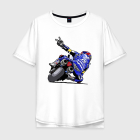 Мужская футболка хлопок Oversize с принтом Yamaha racing team   Racer в Белгороде, 100% хлопок | свободный крой, круглый ворот, “спинка” длиннее передней части | gesture | motorcycle | racer | racing | speed | team | yamaha | гонка | гонщик | жест | мотоцикл | скорость | ямаха
