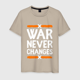 Мужская футболка хлопок с принтом War never changes | Fallout в Санкт-Петербурге, 100% хлопок | прямой крой, круглый вырез горловины, длина до линии бедер, слегка спущенное плечо. | changes | never | war | война | не меняется | никогда | цитата