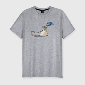 Мужская футболка хлопок Slim с принтом Мышка с цветами в Петрозаводске, 92% хлопок, 8% лайкра | приталенный силуэт, круглый вырез ворота, длина до линии бедра, короткий рукав | звери | мышка | мышь | природа | растения | синие цветы | цветы