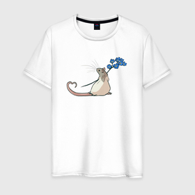 Мужская футболка хлопок с принтом Мышка с цветами в Петрозаводске, 100% хлопок | прямой крой, круглый вырез горловины, длина до линии бедер, слегка спущенное плечо. | звери | мышка | мышь | природа | растения | синие цветы | цветы