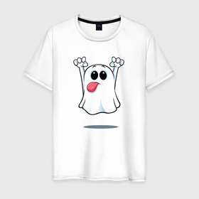 Мужская футболка хлопок с принтом Языкастое привидение в Кировске, 100% хлопок | прямой крой, круглый вырез горловины, длина до линии бедер, слегка спущенное плечо. | детские | привидение | призрак | смешное | язык