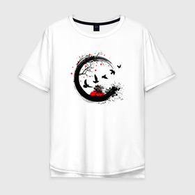 Мужская футболка хлопок Oversize с принтом Закат в японском стиле в Петрозаводске, 100% хлопок | свободный крой, круглый ворот, “спинка” длиннее передней части | деревья | природа | птицы | солнце | философия | япония