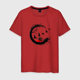 Мужская футболка хлопок с принтом Закат в японском стиле , 100% хлопок | прямой крой, круглый вырез горловины, длина до линии бедер, слегка спущенное плечо. | деревья | природа | птицы | солнце | философия | япония