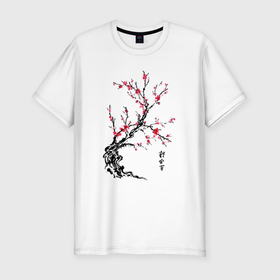 Мужская футболка хлопок Slim с принтом Сакура с иероглифами в Белгороде, 92% хлопок, 8% лайкра | приталенный силуэт, круглый вырез ворота, длина до линии бедра, короткий рукав | восток | дерево | сакура | цветение сакуры | япония