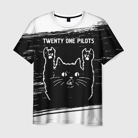Мужская футболка 3D с принтом Twenty One Pilots   Rock Cat в Екатеринбурге, 100% полиэфир | прямой крой, круглый вырез горловины, длина до линии бедер | band | metal | one | pilots | rock | twenty | twenty one pilots | ван | группа | кот | краска | пилотс | рок | рок кот | твенти