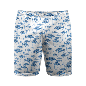 Мужские шорты спортивные с принтом Голубые рыбки ретро принт в Тюмени,  |  | blue and white | fish | nautical | морской | пляжный узор | рыбы