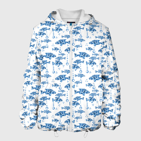 Мужская куртка 3D с принтом Голубые рыбки ретро принт в Новосибирске, ткань верха — 100% полиэстер, подклад — флис | прямой крой, подол и капюшон оформлены резинкой с фиксаторами, два кармана без застежек по бокам, один большой потайной карман на груди. Карман на груди застегивается на липучку | blue and white | fish | nautical | морской | пляжный узор | рыбы