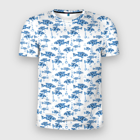 Мужская футболка 3D Slim с принтом Голубые рыбки ретро принт в Екатеринбурге, 100% полиэстер с улучшенными характеристиками | приталенный силуэт, круглая горловина, широкие плечи, сужается к линии бедра | Тематика изображения на принте: blue and white | fish | nautical | морской | пляжный узор | рыбы