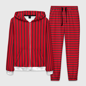 Мужской костюм 3D с принтом Красно черный узор в полоску , 100% полиэстер | Манжеты и пояс оформлены тканевой резинкой, двухслойный капюшон со шнурком для регулировки, карманы спереди | red striped | striped pattern | красный и черный | полоска | ретро