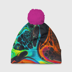 Шапка 3D c помпоном с принтом Цветная лава (краска) в Санкт-Петербурге, 100% полиэстер | универсальный размер, печать по всей поверхности изделия | acid | кислота | лава | река | цвет | ярко