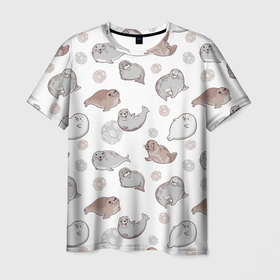 Мужская футболка 3D с принтом Милые тюлени в Белгороде, 100% полиэфир | прямой крой, круглый вырез горловины, длина до линии бедер | животное | милота | семья | тюлени | тюлень