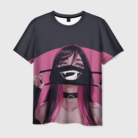 Мужская футболка 3D с принтом Девушка надевает маску с язычком + надпись на японском: Ничего не бывает навсегда , 100% полиэфир | прямой крой, круглый вырез горловины, длина до линии бедер | аниме | вайфу | девушка | каваи | маска | розовый | тян