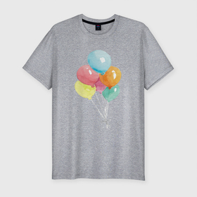 Мужская футболка хлопок Slim с принтом Акварельные воздушные шары в Курске, 92% хлопок, 8% лайкра | приталенный силуэт, круглый вырез ворота, длина до линии бедра, короткий рукав | акварель | воздушный шар | праздник | рисунок | шары