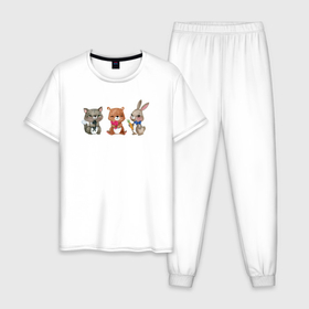 Мужская пижама хлопок с принтом Милые зверята в Курске, 100% хлопок | брюки и футболка прямого кроя, без карманов, на брюках мягкая резинка на поясе и по низу штанин
 | друзья | енот | зайц | зверята | котенок | рисунок