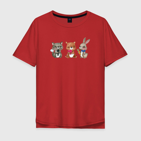 Мужская футболка хлопок Oversize с принтом Милые зверята в Санкт-Петербурге, 100% хлопок | свободный крой, круглый ворот, “спинка” длиннее передней части | друзья | енот | зайц | зверята | котенок | рисунок