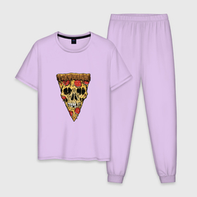 Мужская пижама хлопок с принтом Pizza   Skull в Санкт-Петербурге, 100% хлопок | брюки и футболка прямого кроя, без карманов, на брюках мягкая резинка на поясе и по низу штанин
 | death | devil | halloween | horror | pizza | skull | zombie | демон | дьявол | еда | зло | зомби | пицца | призрак | скелет | хоррор | хэллоуин | череп