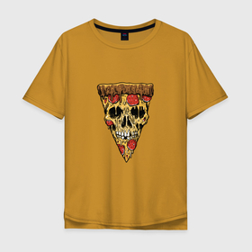 Мужская футболка хлопок Oversize с принтом Pizza   Skull в Екатеринбурге, 100% хлопок | свободный крой, круглый ворот, “спинка” длиннее передней части | Тематика изображения на принте: death | devil | halloween | horror | pizza | skull | zombie | демон | дьявол | еда | зло | зомби | пицца | призрак | скелет | хоррор | хэллоуин | череп