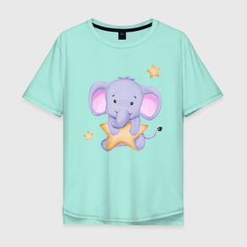 Мужская футболка хлопок Oversize с принтом Милый Слонёнок Со Звездой в Белгороде, 100% хлопок | свободный крой, круглый ворот, “спинка” длиннее передней части | Тематика изображения на принте: animals | beast | cute | животные | звери | милый | слон | слонёнок