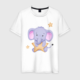 Мужская футболка хлопок с принтом Милый Слонёнок Со Звездой , 100% хлопок | прямой крой, круглый вырез горловины, длина до линии бедер, слегка спущенное плечо. | animals | beast | cute | животные | звери | милый | слон | слонёнок