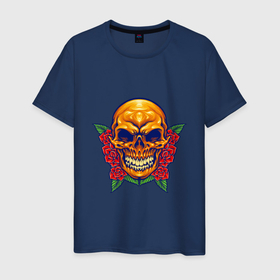 Мужская футболка хлопок с принтом Roses   Skull в Тюмени, 100% хлопок | прямой крой, круглый вырез горловины, длина до линии бедер, слегка спущенное плечо. | death | devil | halloween | horror | skull | zombie | демон | дьявол | зло | зомби | призрак | розы | скелет | хоррор | хэллоуин | цветы | череп