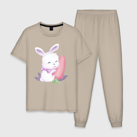 Мужская пижама хлопок с принтом Милый Крольчонок С Большой Морковкой в Тюмени, 100% хлопок | брюки и футболка прямого кроя, без карманов, на брюках мягкая резинка на поясе и по низу штанин
 | Тематика изображения на принте: animals | beast | cute | hare | rabbit | животные | заяц | звери | кролик | крольчонок | милый