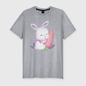 Мужская футболка хлопок Slim с принтом Милый Крольчонок С Большой Морковкой , 92% хлопок, 8% лайкра | приталенный силуэт, круглый вырез ворота, длина до линии бедра, короткий рукав | animals | beast | cute | hare | rabbit | животные | заяц | звери | кролик | крольчонок | милый