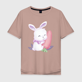 Мужская футболка хлопок Oversize с принтом Милый Крольчонок С Большой Морковкой в Курске, 100% хлопок | свободный крой, круглый ворот, “спинка” длиннее передней части | animals | beast | cute | hare | rabbit | животные | заяц | звери | кролик | крольчонок | милый