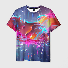 Мужская футболка 3D с принтом Neon splashes в Тюмени, 100% полиэфир | прямой крой, круглый вырез горловины, длина до линии бедер | Тематика изображения на принте: abstraction | bright | colors | neon | positive | splashes | абстракция | брызги | краска | неон | позитивный | фееричный | яркий