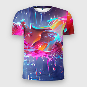 Мужская футболка 3D Slim с принтом Neon splashes в Курске, 100% полиэстер с улучшенными характеристиками | приталенный силуэт, круглая горловина, широкие плечи, сужается к линии бедра | abstraction | bright | colors | neon | positive | splashes | абстракция | брызги | краска | неон | позитивный | фееричный | яркий