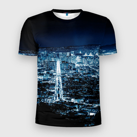 Мужская футболка 3D Slim с принтом Ночной город (night city) в Курске, 100% полиэстер с улучшенными характеристиками | приталенный силуэт, круглая горловина, широкие плечи, сужается к линии бедра | Тематика изображения на принте: city | night | город | мегаполис | ночной | ночь | огни | фонари