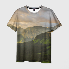 Мужская футболка 3D с принтом Горы, лес, небо в Новосибирске, 100% полиэфир | прямой крой, круглый вырез горловины, длина до линии бедер | Тематика изображения на принте: алтай | горы | деревья | лес | небо | природа | скалы