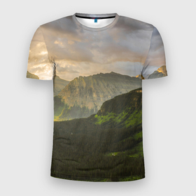 Мужская футболка 3D Slim с принтом Горы, лес, небо в Белгороде, 100% полиэстер с улучшенными характеристиками | приталенный силуэт, круглая горловина, широкие плечи, сужается к линии бедра | алтай | горы | деревья | лес | небо | природа | скалы