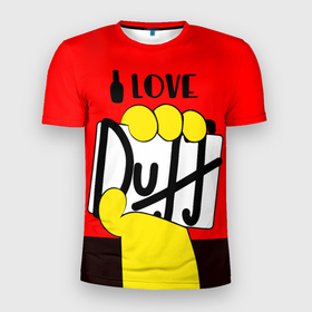 Мужская футболка 3D Slim с принтом Love Duff в Петрозаводске, 100% полиэстер с улучшенными характеристиками | приталенный силуэт, круглая горловина, широкие плечи, сужается к линии бедра | beer | duff | hand | homer | love | simpsons | гомер | даф | дафф | любовь | рука | симпсоны