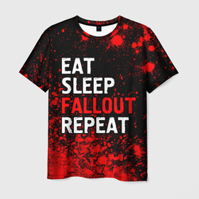 Мужская футболка 3D с принтом Eat Sleep Fallout Repeat + Краска в Курске, 100% полиэфир | прямой крой, круглый вырез горловины, длина до линии бедер | Тематика изображения на принте: eat sleep fallout repeat | fallout | logo | игра | игры | краска | краски | лого | логотип | символ | фаллаут