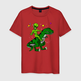 Мужская футболка хлопок с принтом Пришелец верхом на динозавре в Екатеринбурге, 100% хлопок | прямой крой, круглый вырез горловины, длина до линии бедер, слегка спущенное плечо. | dino | dinosaur | tyrannosaurus | tyrex | ufo | аномальное явление | архозавр | брать | дино | динозавр | динозавры | зеленый человечек | инопланетянин | космический | летающая тарелка | марсианин | нло | пришелец