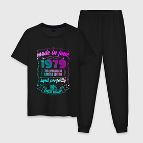 Мужская пижама хлопок с принтом Made In June 1979 Vintage Neon в Санкт-Петербурге, 100% хлопок | брюки и футболка прямого кроя, без карманов, на брюках мягкая резинка на поясе и по низу штанин
 | 1979 | born | limited edition | made | made in | may | neon | retro | ussr | vintage | бабушке | брату | винтаж | год | дедушке | день | жене | июне | июнь | маме | мужу | неон | неоновые | папе | ретро | рожден | рождения | сделан | сделана