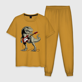 Мужская пижама хлопок с принтом Динозавр рокер в Кировске, 100% хлопок | брюки и футболка прямого кроя, без карманов, на брюках мягкая резинка на поясе и по низу штанин
 | dino | dinosaur | tyrannosaurus | tyrex | архозавр | гитара | дино | динозавр | динозавры | рок | тираннозавр | тирекс | юрский период | ящер
