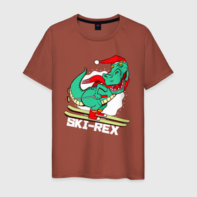 Мужская футболка хлопок с принтом Динозавр лыжник в Екатеринбурге, 100% хлопок | прямой крой, круглый вырез горловины, длина до линии бедер, слегка спущенное плечо. | dino | dinosaur | ski | tyrannosaurus | tyrex | архозавр | дино | динозавр | динозавры | лыжи | лыжник | лыжница | скай | спорт | спортсмен | тираннозавр | тирекс | юрский период | ящер