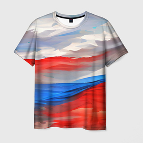 Мужская футболка 3D с принтом Флаг России в красках в Тюмени, 100% полиэфир | прямой крой, круглый вырез горловины, длина до линии бедер | colors | country | flag | patriot | russia | tricolor | краски | патриот | родина | россия | русский | рф | страна | триколор | флаг | цвета