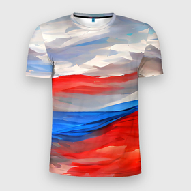 Мужская футболка 3D Slim с принтом Флаг России в красках в Новосибирске, 100% полиэстер с улучшенными характеристиками | приталенный силуэт, круглая горловина, широкие плечи, сужается к линии бедра | colors | country | flag | patriot | russia | tricolor | краски | патриот | родина | россия | русский | рф | страна | триколор | флаг | цвета
