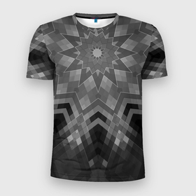 Мужская футболка 3D Slim с принтом Серый геометрический орнамент калейдоскоп , 100% полиэстер с улучшенными характеристиками | приталенный силуэт, круглая горловина, широкие плечи, сужается к линии бедра | grey | kaleidoscope | ornament | геометрический | черно белый