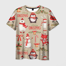 Мужская футболка 3D с принтом СЧАСТЛИВОГО РОЖДЕСТВА ( MERRY CHRISTMAS) , 100% полиэфир | прямой крой, круглый вырез горловины, длина до линии бедер | дед мороз | елка | заяц | зима | каникулы | лиса | медведь | олени | пингвин | праздник | праздничный | снег | цитата