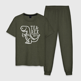 Мужская пижама хлопок с принтом Чайназавр Tea Rex в Санкт-Петербурге, 100% хлопок | брюки и футболка прямого кроя, без карманов, на брюках мягкая резинка на поясе и по низу штанин
 | dino | dinosaur | tyrannosaurus | tyrex | архозавр | дино | динозавр | динозавры | тираннозавр | тирекс | чаек | чай | чайный пакетик | юрский период | ящер