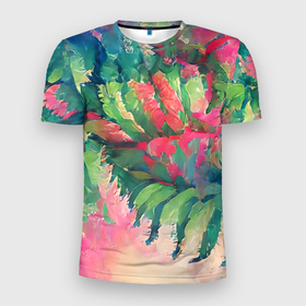 Мужская футболка 3D Slim с принтом Тропический микс в Новосибирске, 100% полиэстер с улучшенными характеристиками | приталенный силуэт, круглая горловина, широкие плечи, сужается к линии бедра | Тематика изображения на принте: colors | fern | jungle | leaves | multicoloured | palm | summer | tree | деревья | джунгли | летнее настроение | лето | листья | пальма | папоротник | радостный | разноцветный | растения | рисунок | тропики | яркий