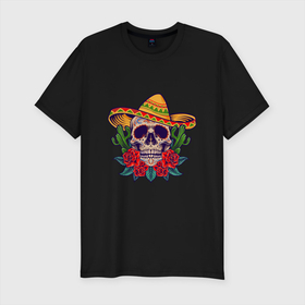 Мужская футболка хлопок Slim с принтом Skull   Mexico в Тюмени, 92% хлопок, 8% лайкра | приталенный силуэт, круглый вырез ворота, длина до линии бедра, короткий рукав | death | devil | halloween | horror | mexico | skull | zombie | демон | дьявол | зло | зомби | мексика | призрак | скелет | хоррор | хэллоуин | череп