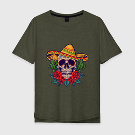 Мужская футболка хлопок Oversize с принтом Skull   Mexico в Курске, 100% хлопок | свободный крой, круглый ворот, “спинка” длиннее передней части | death | devil | halloween | horror | mexico | skull | zombie | демон | дьявол | зло | зомби | мексика | призрак | скелет | хоррор | хэллоуин | череп