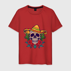 Мужская футболка хлопок с принтом Skull   Mexico , 100% хлопок | прямой крой, круглый вырез горловины, длина до линии бедер, слегка спущенное плечо. | death | devil | halloween | horror | mexico | skull | zombie | демон | дьявол | зло | зомби | мексика | призрак | скелет | хоррор | хэллоуин | череп