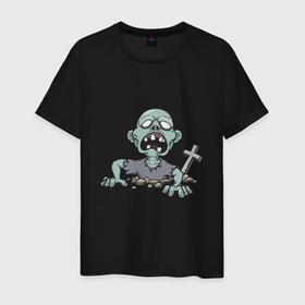 Мужская футболка хлопок с принтом Живой зомби в Екатеринбурге, 100% хлопок | прямой крой, круглый вырез горловины, длина до линии бедер, слегка спущенное плечо. | death | devil | halloween | horror | skull | zombie | демон | дьявол | зло | зомби | призрак | скелет | хоррор | хэллоуин | череп